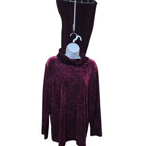 Vintage Burgundy Floral Velvet 2 pc set Turtleneck Lg Sleeve Top Matching Pants
